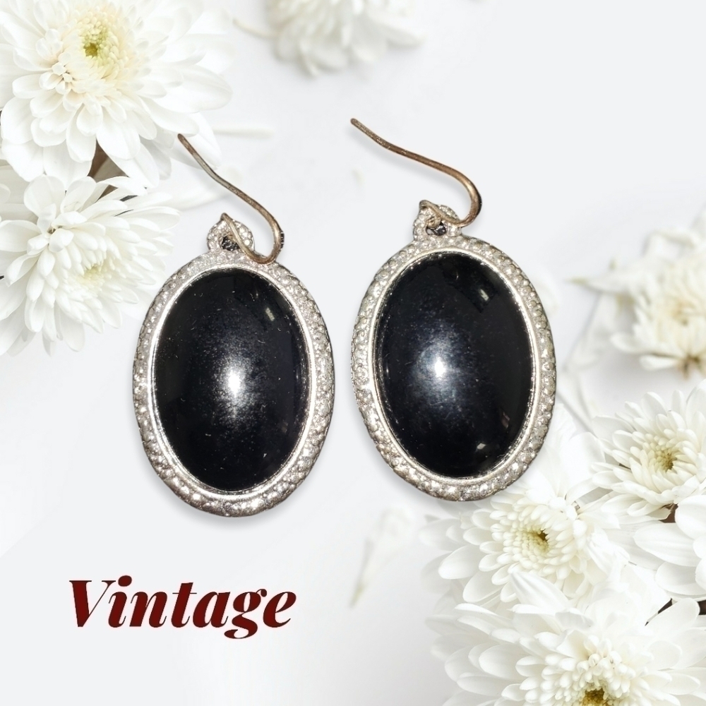 Vintage Black and Silver Drop Earrings Fish Hook 1 1/4"